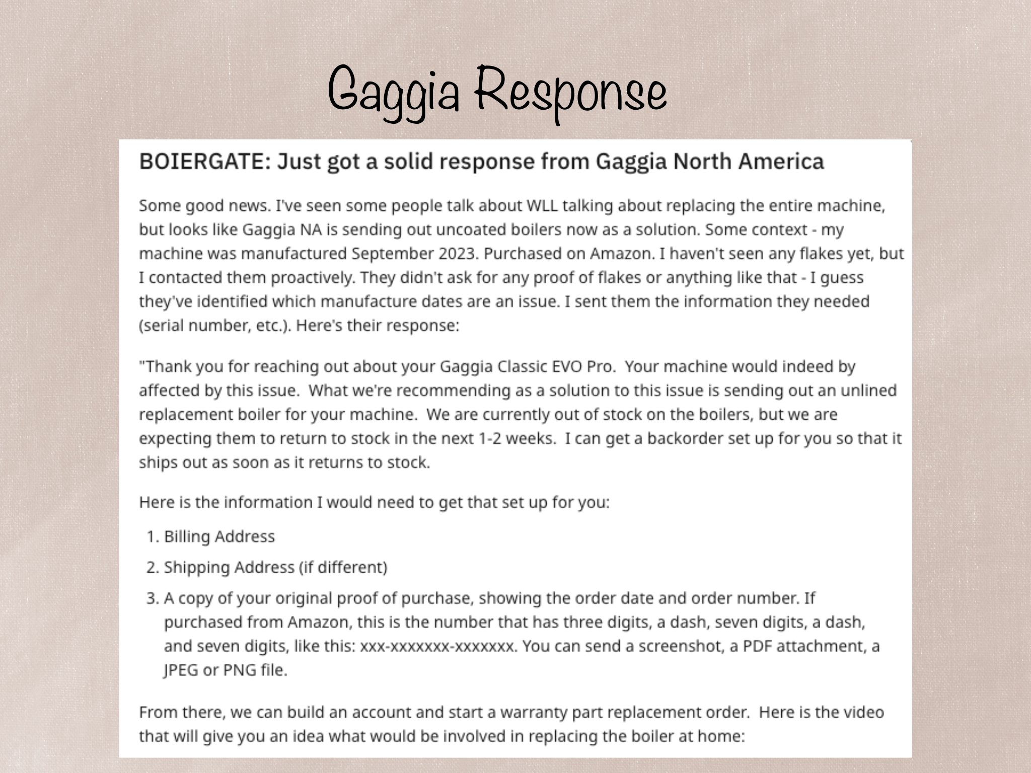 Gaggia Response To Boilergate